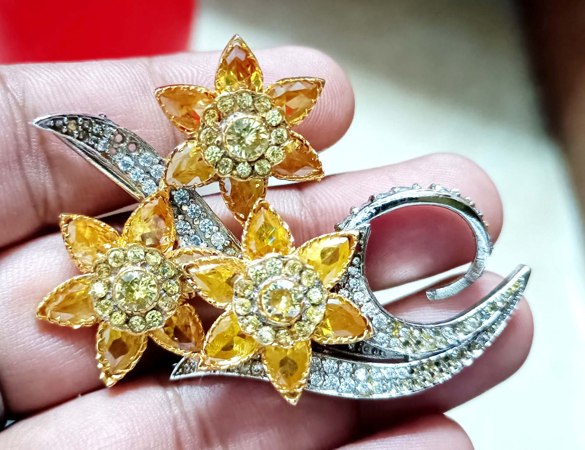 Luxury Cubic Zircon Sterling Silver Citrine Brooch for Women