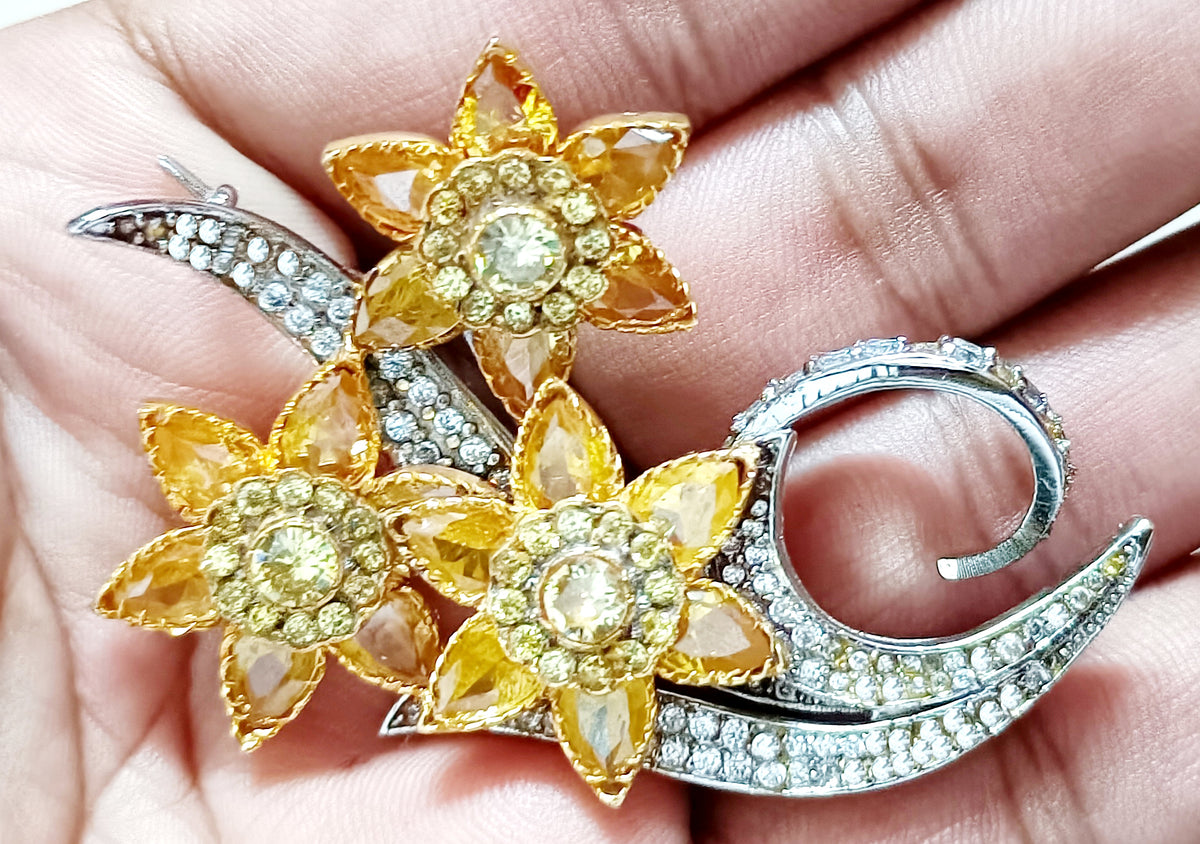 Luxury Cubic Zircon Sterling Silver Citrine Brooch for Women