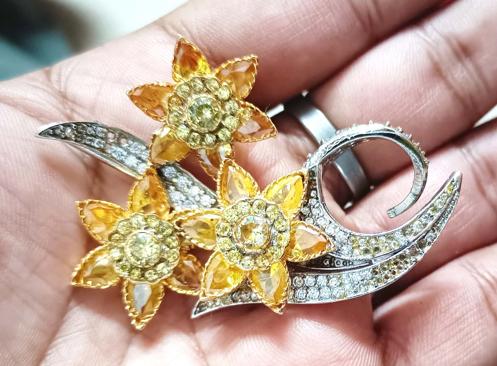 Luxury Cubic Zircon Sterling Silver Citrine Brooch for Women