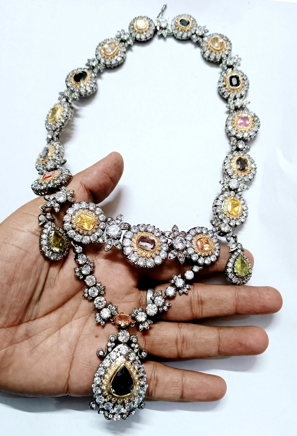 Handmade Cubic Zircon Multi-Gemstone 925 Sterling Silver Necklace for Women
