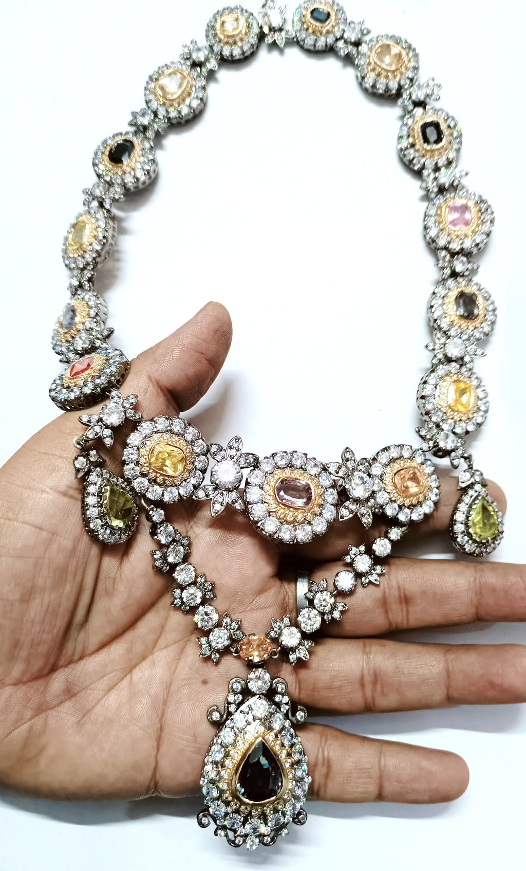 Handmade Cubic Zircon Multi-Gemstone 925 Sterling Silver Necklace for Women