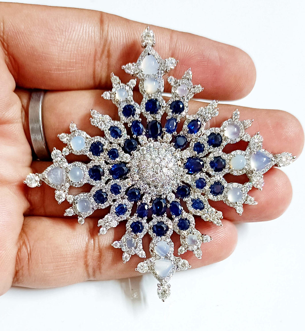 925 Sterling Silver Opal Blue Sapphire Brooch with Brilliant Cubic Zircon Accents