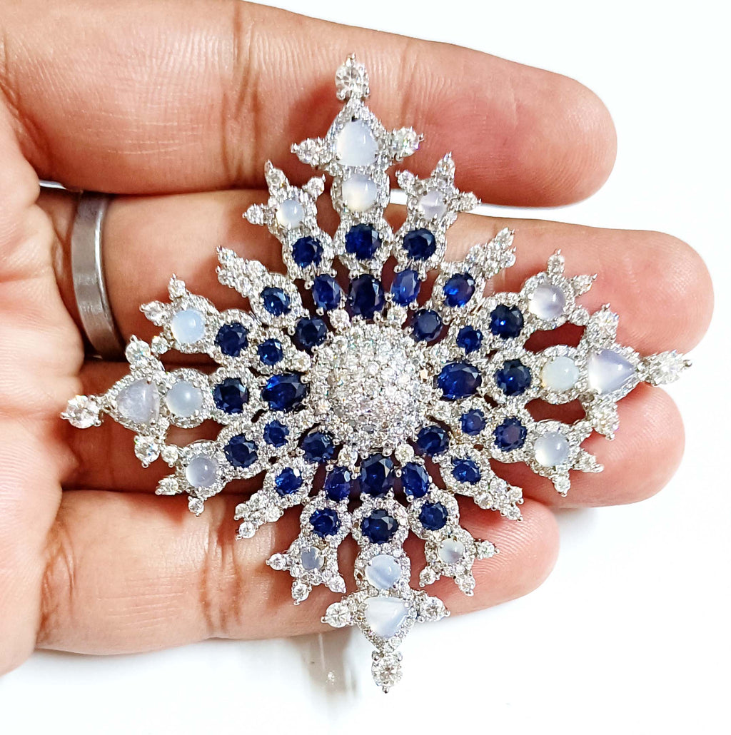 925 Sterling Silver Opal Blue Sapphire Brooch with Brilliant Cubic Zircon Accents