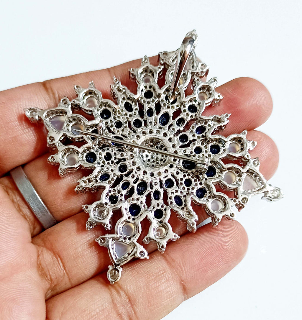 925 Sterling Silver Opal Blue Sapphire Brooch with Brilliant Cubic Zircon Accents
