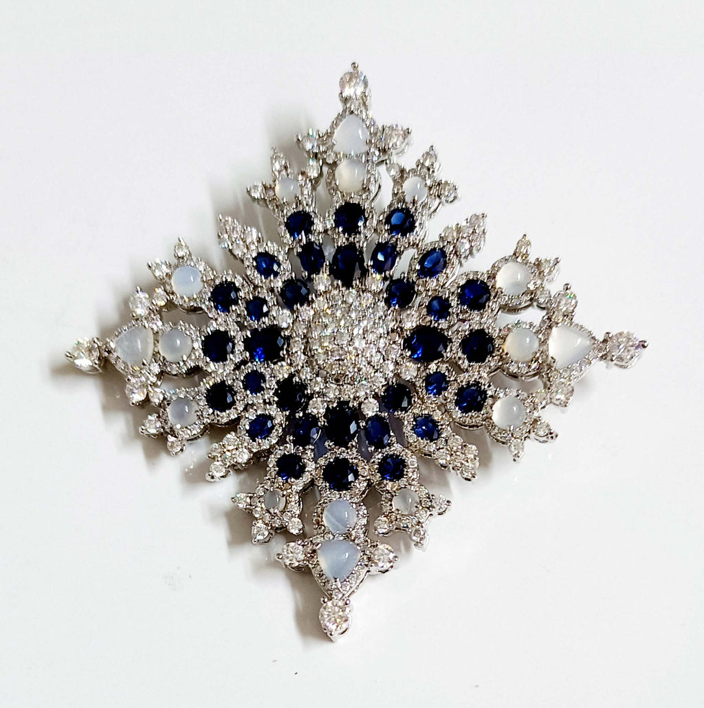 925 Sterling Silver Opal Blue Sapphire Brooch with Brilliant Cubic Zircon Accents