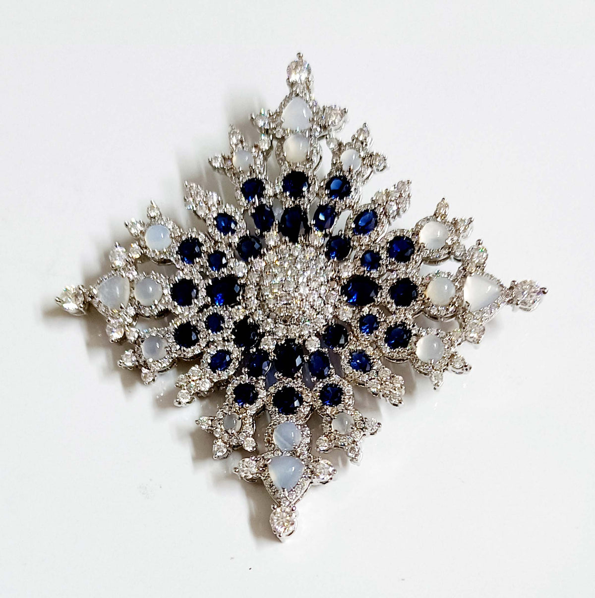 925 Sterling Silver Opal Blue Sapphire Brooch with Brilliant Cubic Zircon Accents