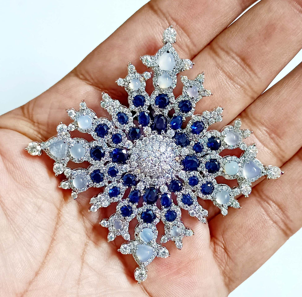 925 Sterling Silver Opal Blue Sapphire Brooch with Brilliant Cubic Zircon Accents