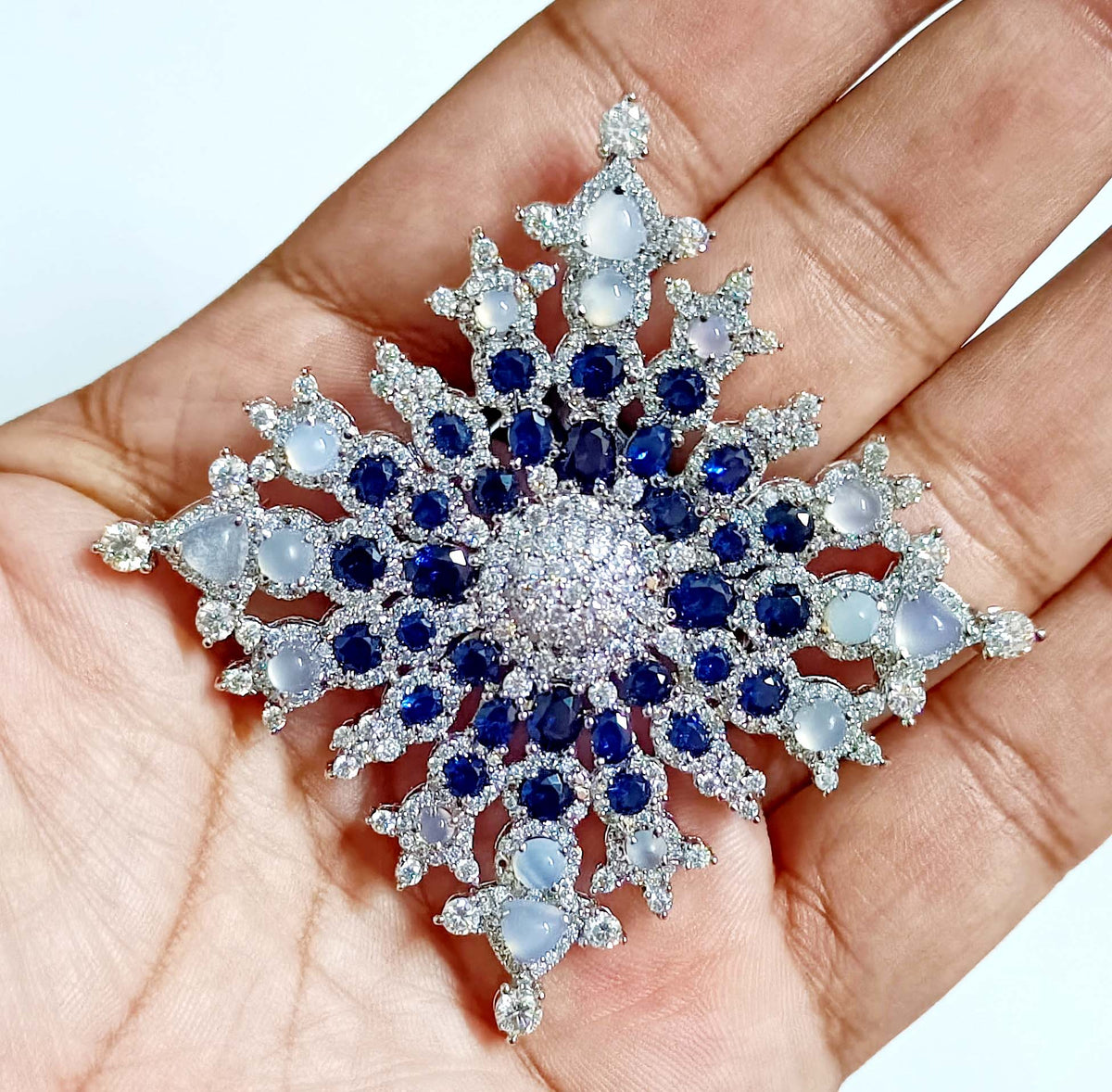 925 Sterling Silver Opal Blue Sapphire Brooch with Brilliant Cubic Zircon Accents