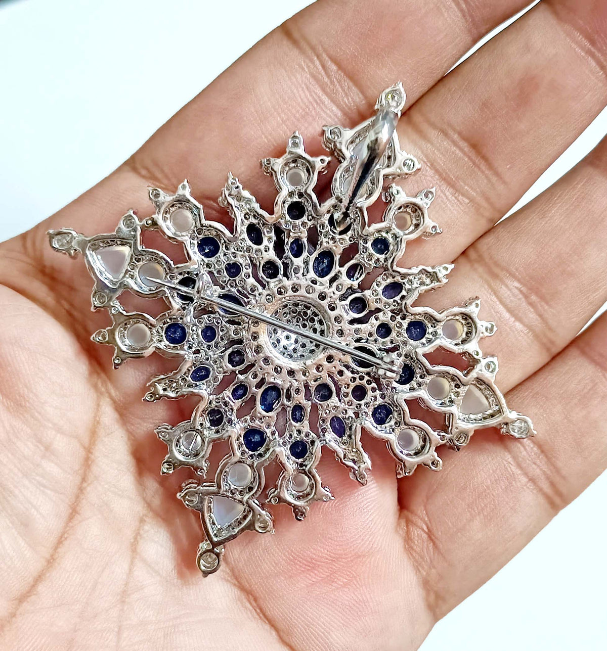 925 Sterling Silver Opal Blue Sapphire Brooch with Brilliant Cubic Zircon Accents