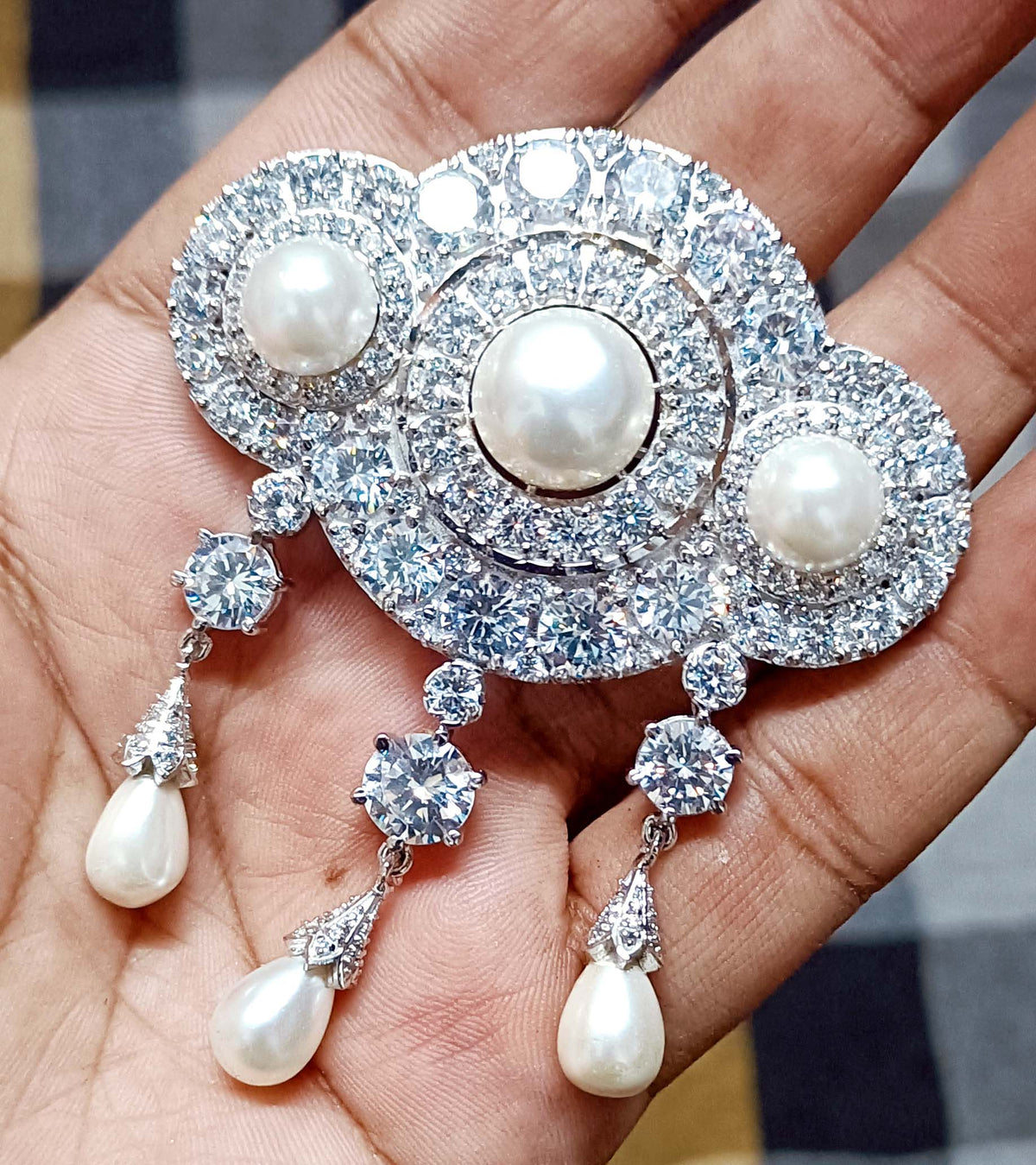 Cubic Zircon 925 Sterling Silver Pearl Brooch for Women