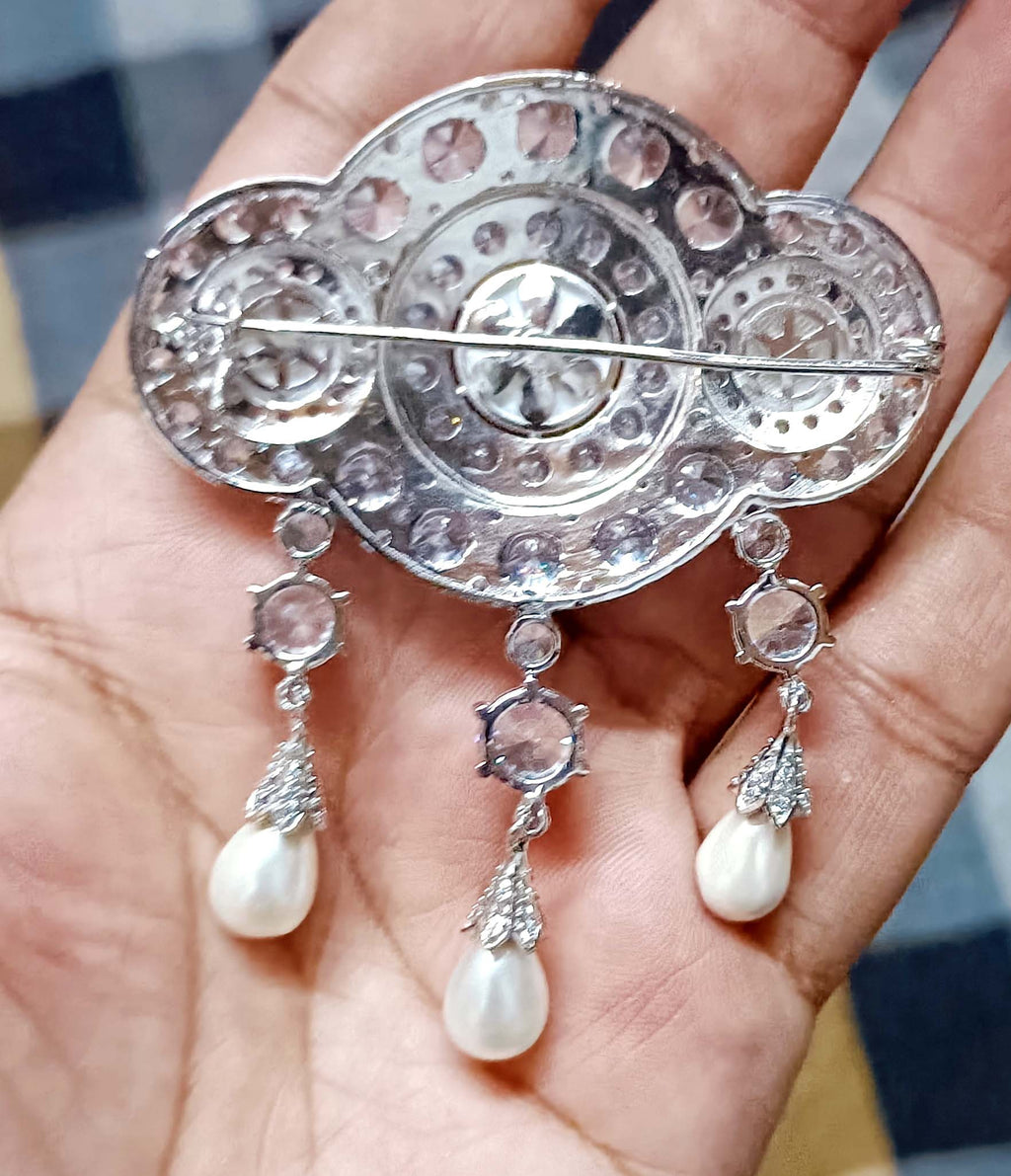 Cubic Zircon 925 Sterling Silver Pearl Brooch for Women