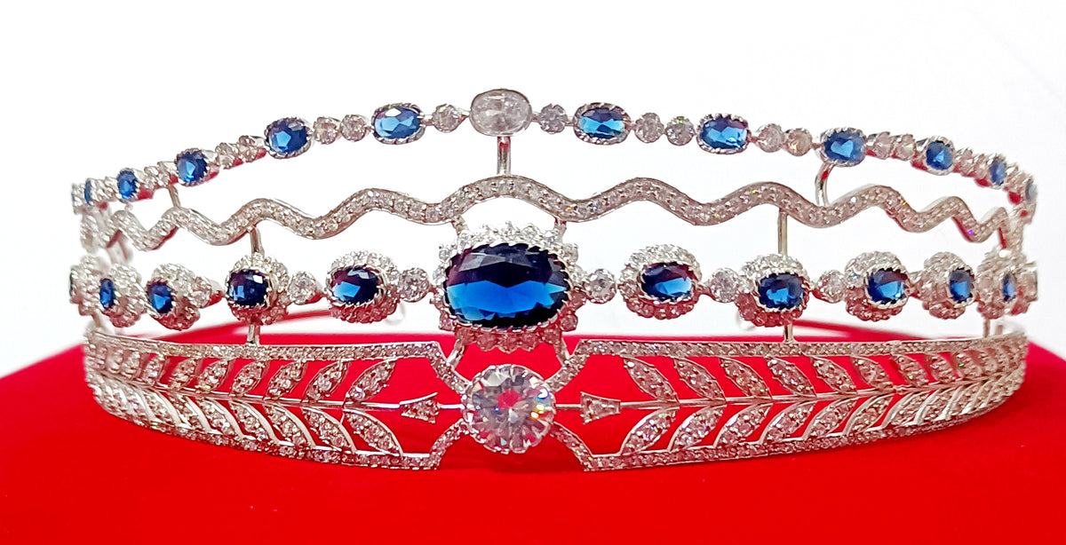Luxury Blue Sapphire Cubic Zirconia 925 Sterling Silver Tiara Crown for Women | Elegant Princess Bridal Wedding Hair Jewelry