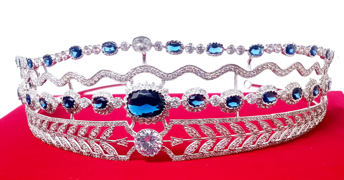Luxury Blue Sapphire Cubic Zirconia 925 Sterling Silver Tiara Crown for Women | Elegant Princess Bridal Wedding Hair Jewelry