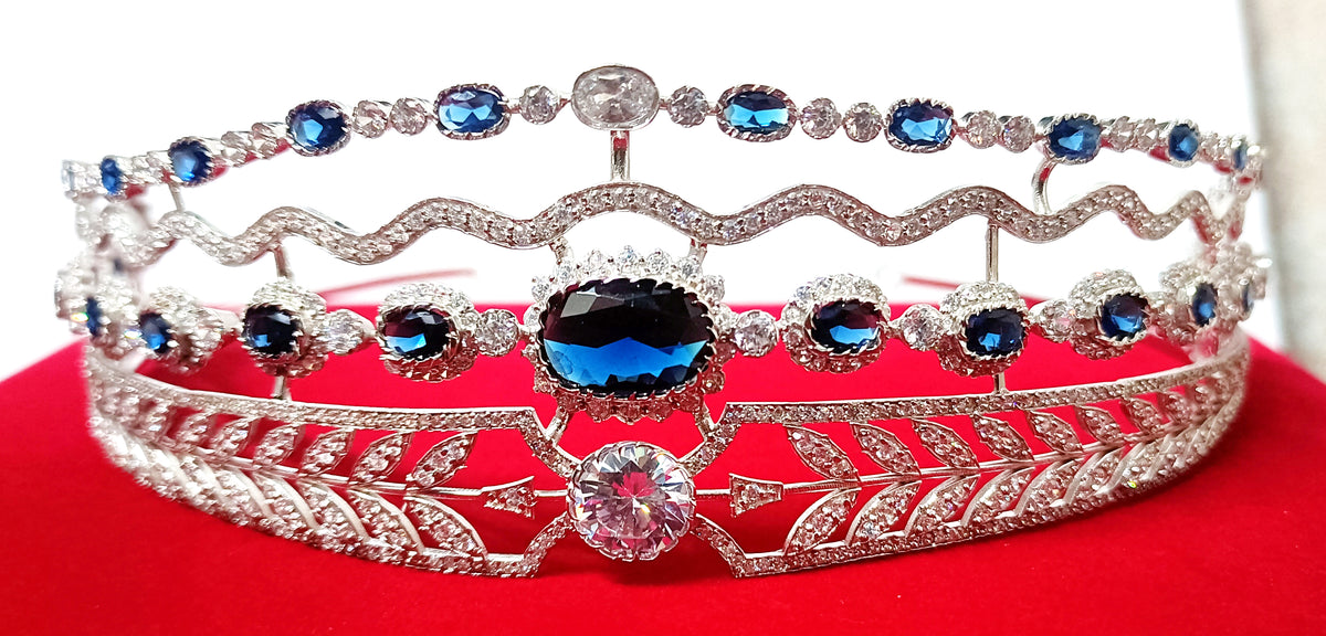 Luxury Blue Sapphire Cubic Zirconia 925 Sterling Silver Tiara Crown for Women | Elegant Princess Bridal Wedding Hair Jewelry