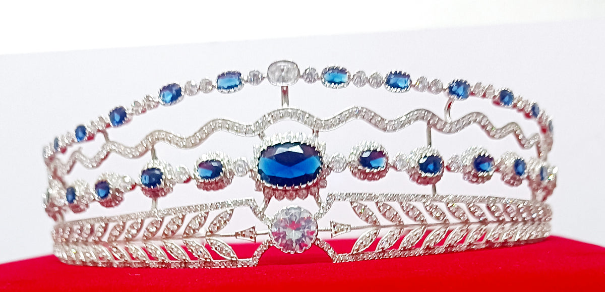Luxury Blue Sapphire Cubic Zirconia 925 Sterling Silver Tiara Crown for Women | Elegant Princess Bridal Wedding Hair Jewelry