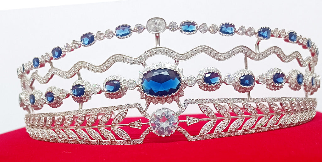 Luxury Blue Sapphire Cubic Zirconia 925 Sterling Silver Tiara Crown for Women | Elegant Princess Bridal Wedding Hair Jewelry