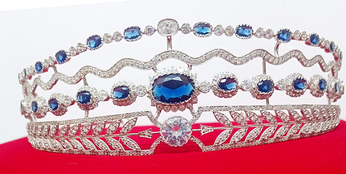 Luxury Blue Sapphire Cubic Zirconia 925 Sterling Silver Tiara Crown for Women | Elegant Princess Bridal Wedding Hair Jewelry