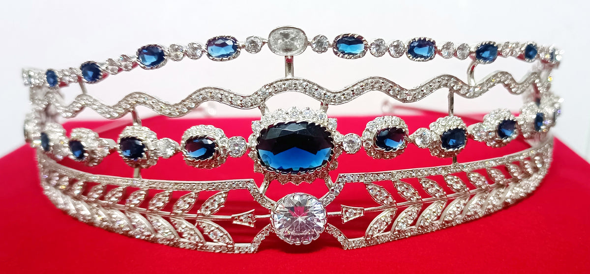 Luxury Blue Sapphire Cubic Zirconia 925 Sterling Silver Tiara Crown for Women | Elegant Princess Bridal Wedding Hair Jewelry