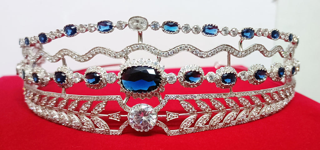 Luxury Blue Sapphire Cubic Zirconia 925 Sterling Silver Tiara Crown for Women | Elegant Princess Bridal Wedding Hair Jewelry