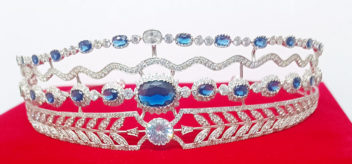 Luxury Blue Sapphire Cubic Zirconia 925 Sterling Silver Tiara Crown for Women | Elegant Princess Bridal Wedding Hair Jewelry