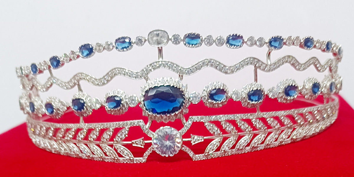 Luxury Blue Sapphire Cubic Zirconia 925 Sterling Silver Tiara Crown for Women | Elegant Princess Bridal Wedding Hair Jewelry