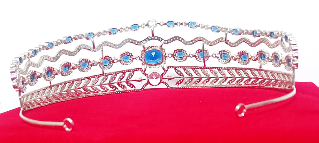 Luxury Blue Sapphire Cubic Zirconia 925 Sterling Silver Tiara Crown for Women | Elegant Princess Bridal Wedding Hair Jewelry