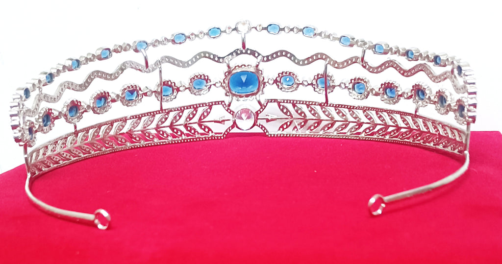 Luxury Blue Sapphire Cubic Zirconia 925 Sterling Silver Tiara Crown for Women | Elegant Princess Bridal Wedding Hair Jewelry