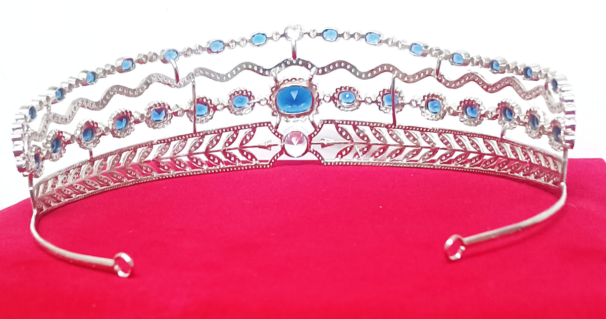 Luxury Blue Sapphire Cubic Zirconia 925 Sterling Silver Tiara Crown for Women | Elegant Princess Bridal Wedding Hair Jewelry