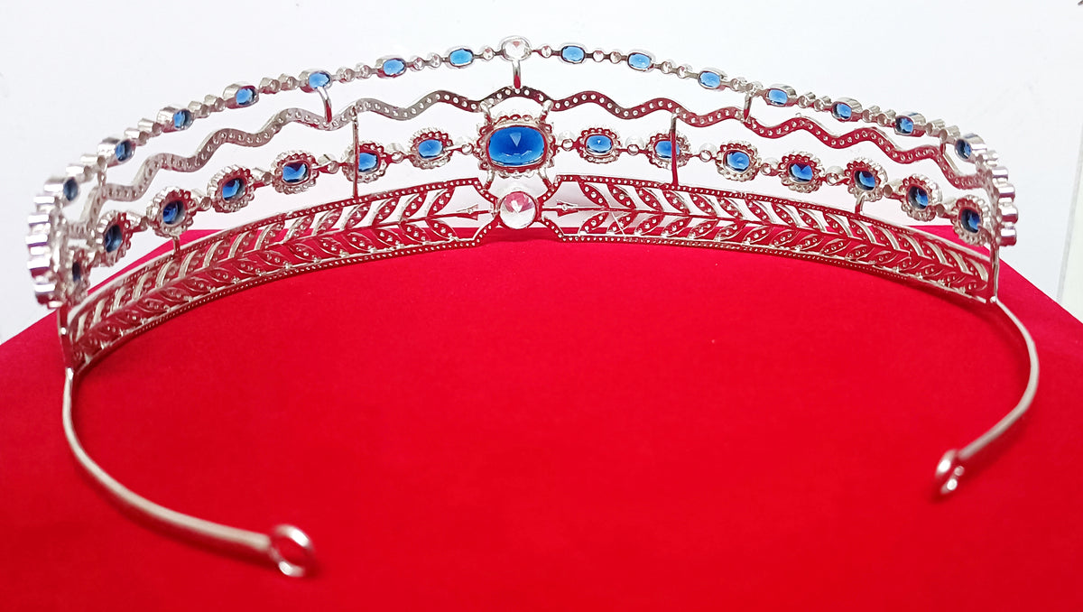Luxury Blue Sapphire Cubic Zirconia 925 Sterling Silver Tiara Crown for Women | Elegant Princess Bridal Wedding Hair Jewelry