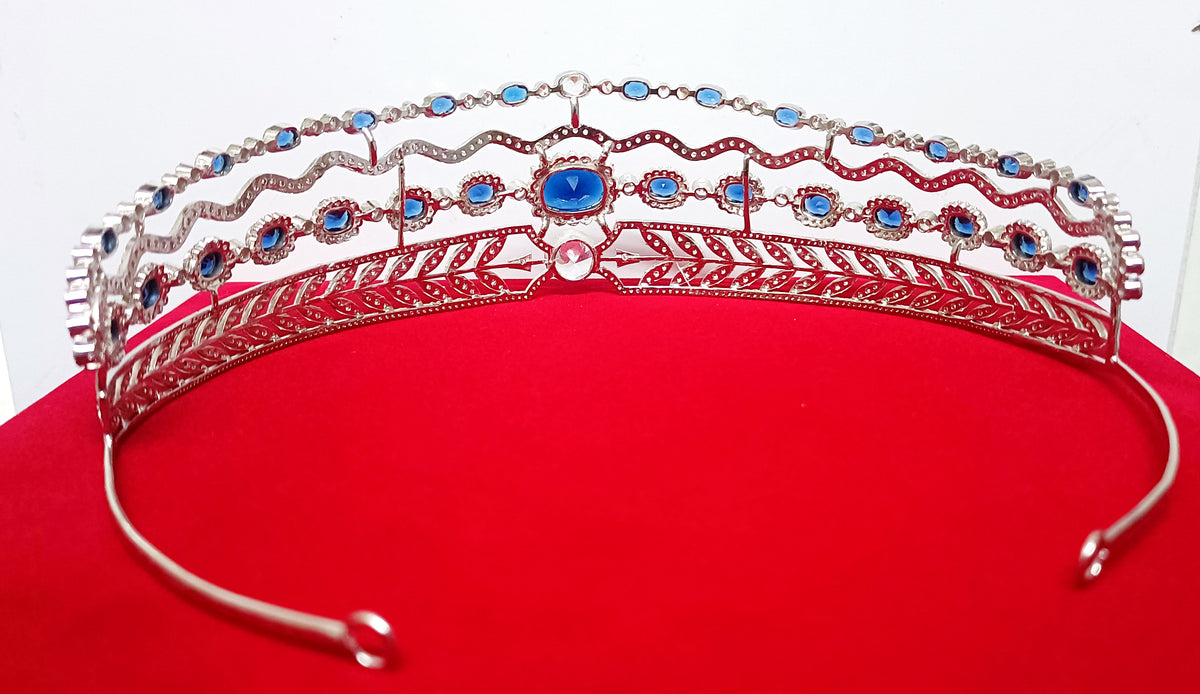 Luxury Blue Sapphire Cubic Zirconia 925 Sterling Silver Tiara Crown for Women | Elegant Princess Bridal Wedding Hair Jewelry