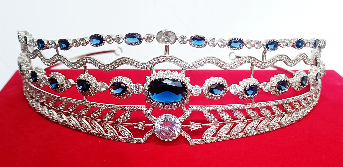 Luxury Blue Sapphire Cubic Zirconia 925 Sterling Silver Tiara Crown for Women | Elegant Princess Bridal Wedding Hair Jewelry