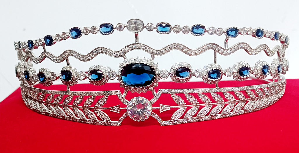 Luxury Blue Sapphire Cubic Zirconia 925 Sterling Silver Tiara Crown for Women | Elegant Princess Bridal Wedding Hair Jewelry