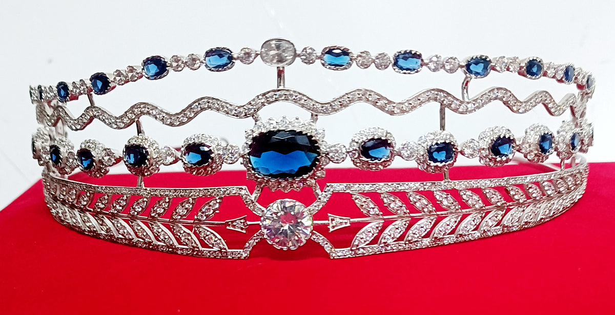 Luxury Blue Sapphire Cubic Zirconia 925 Sterling Silver Tiara Crown for Women | Elegant Princess Bridal Wedding Hair Jewelry