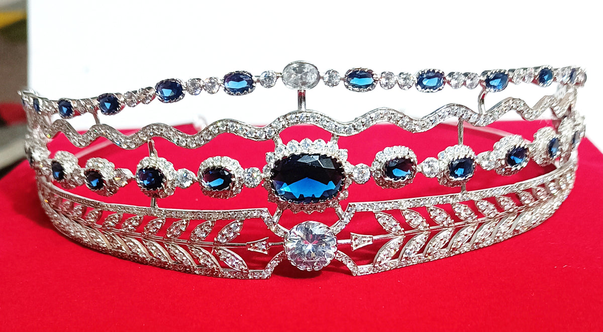 Luxury Blue Sapphire Cubic Zirconia 925 Sterling Silver Tiara Crown for Women | Elegant Princess Bridal Wedding Hair Jewelry