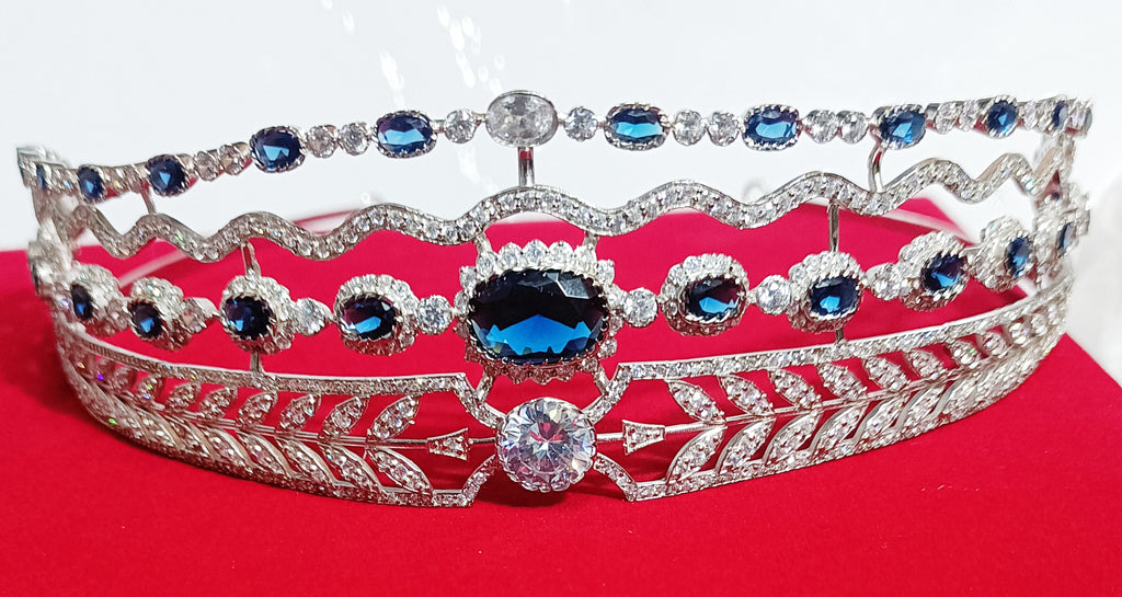 Luxury Blue Sapphire Cubic Zirconia 925 Sterling Silver Tiara Crown for Women | Elegant Princess Bridal Wedding Hair Jewelry