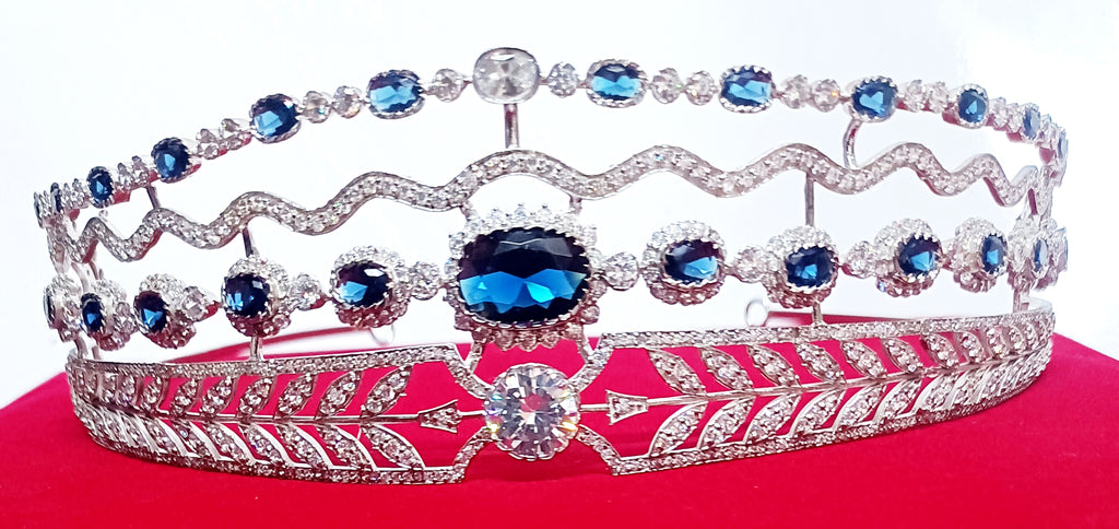 Luxury Blue Sapphire Cubic Zirconia 925 Sterling Silver Tiara Crown for Women | Elegant Princess Bridal Wedding Hair Jewelry