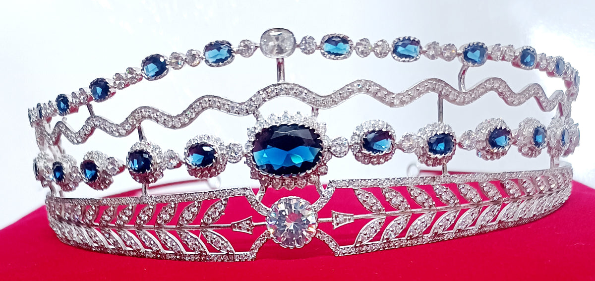Luxury Blue Sapphire Cubic Zirconia 925 Sterling Silver Tiara Crown for Women | Elegant Princess Bridal Wedding Hair Jewelry