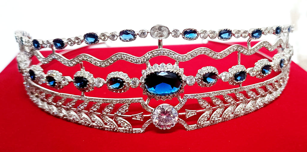 Luxury Blue Sapphire Cubic Zirconia 925 Sterling Silver Tiara Crown for Women | Elegant Princess Bridal Wedding Hair Jewelry