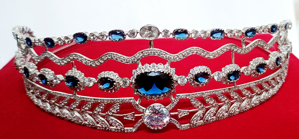 Luxury Blue Sapphire Cubic Zirconia 925 Sterling Silver Tiara Crown for Women | Elegant Princess Bridal Wedding Hair Jewelry