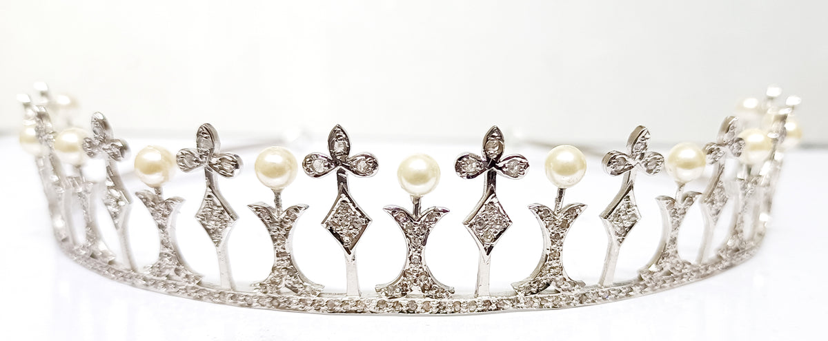 Premium Rose Cut Diamond Pearl Sterling Silver Tiara Crown | Luxury Bridal Hair Jewelry for Women