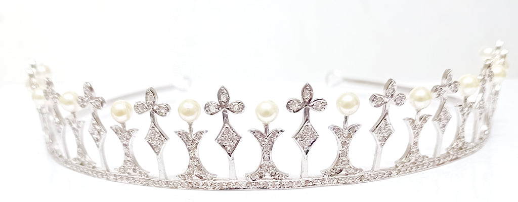 Premium Rose Cut Diamond Pearl Sterling Silver Tiara Crown | Luxury Bridal Hair Jewelry for Women