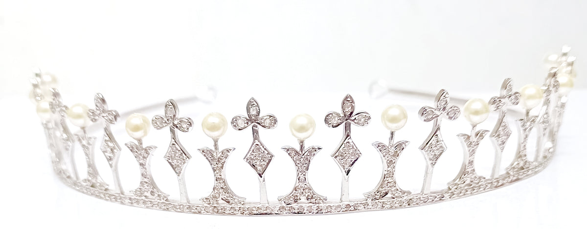 Premium Rose Cut Diamond Pearl Sterling Silver Tiara Crown | Luxury Bridal Hair Jewelry for Women