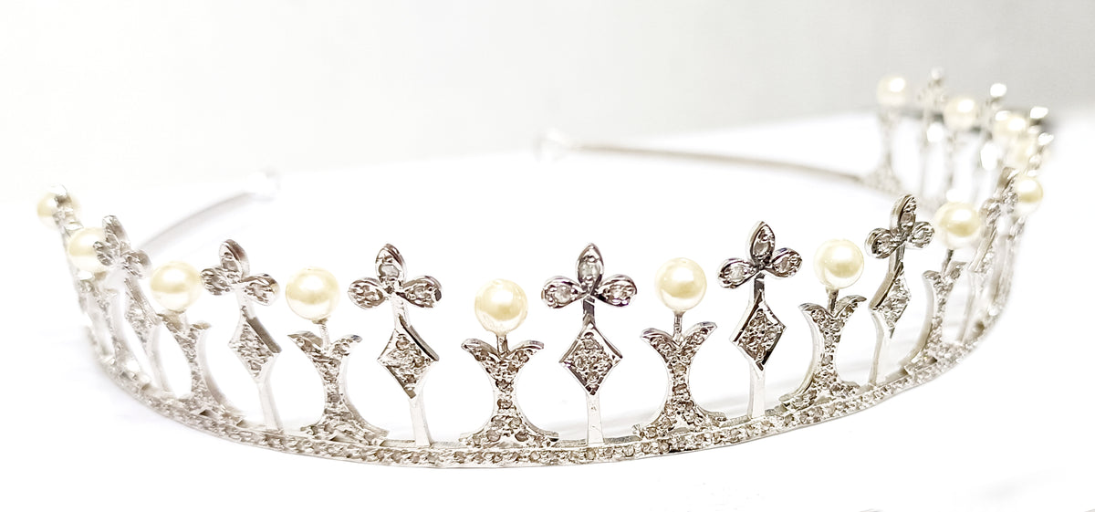Premium Rose Cut Diamond Pearl Sterling Silver Tiara Crown | Luxury Bridal Hair Jewelry for Women