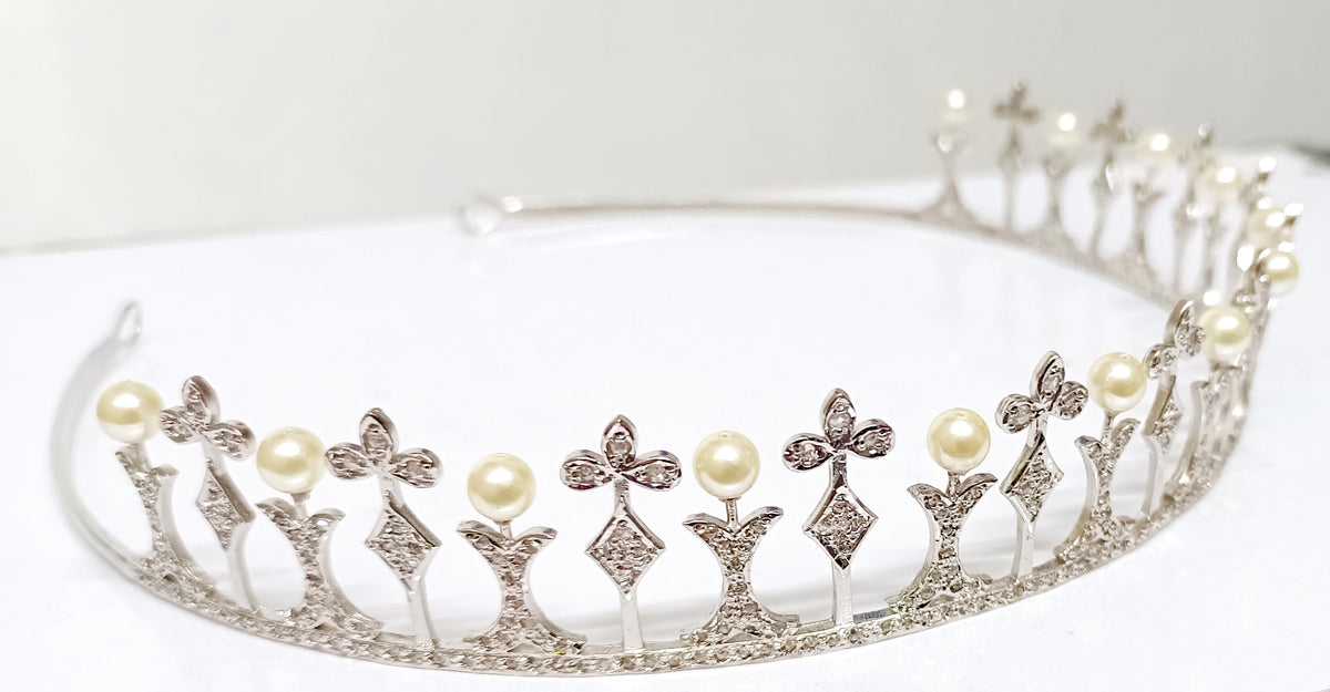Premium Rose Cut Diamond Pearl Sterling Silver Tiara Crown | Luxury Bridal Hair Jewelry for Women