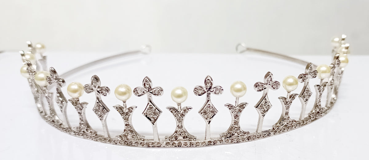 Premium Rose Cut Diamond Pearl Sterling Silver Tiara Crown | Luxury Bridal Hair Jewelry for Women