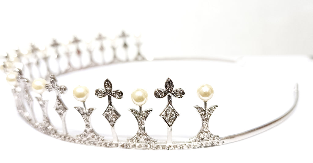 Premium Rose Cut Diamond Pearl Sterling Silver Tiara Crown | Luxury Bridal Hair Jewelry for Women