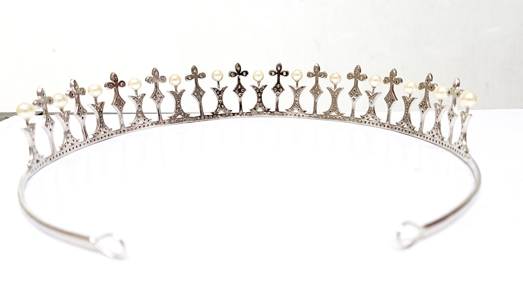 Premium Rose Cut Diamond Pearl Sterling Silver Tiara Crown | Luxury Bridal Hair Jewelry for Women