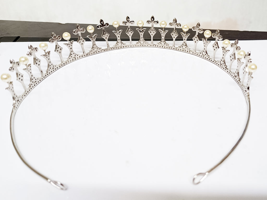 Premium Rose Cut Diamond Pearl Sterling Silver Tiara Crown | Luxury Bridal Hair Jewelry for Women