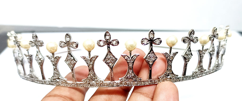 Premium Rose Cut Diamond Pearl Sterling Silver Tiara Crown | Luxury Bridal Hair Jewelry for Women