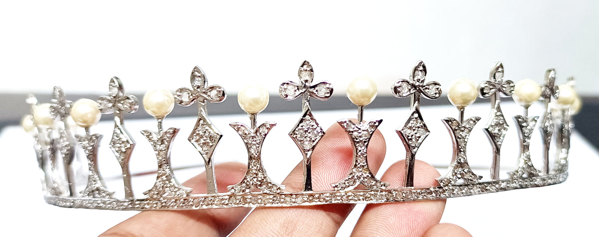 Premium Rose Cut Diamond Pearl Sterling Silver Tiara Crown | Luxury Bridal Hair Jewelry for Women